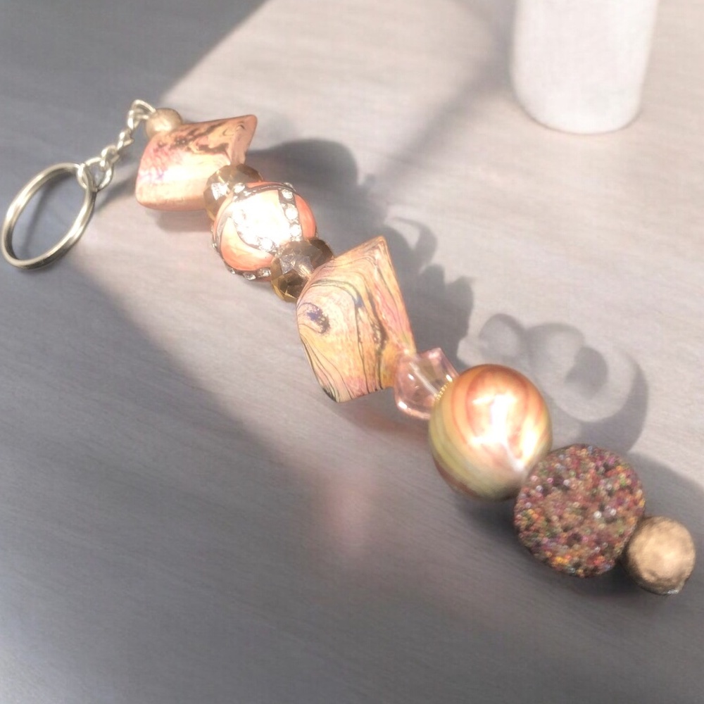 Blush Pink & Black Swirl Handmade Keychain | Single Strand Beaded Bag Charm